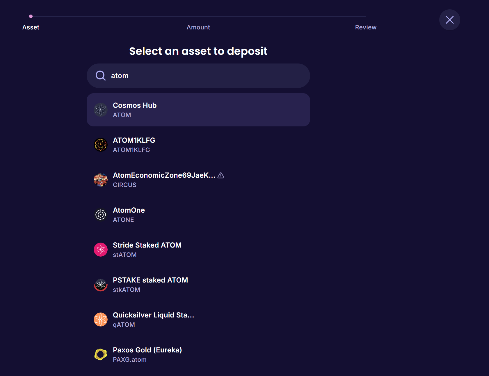 Selecting the asset to deposit