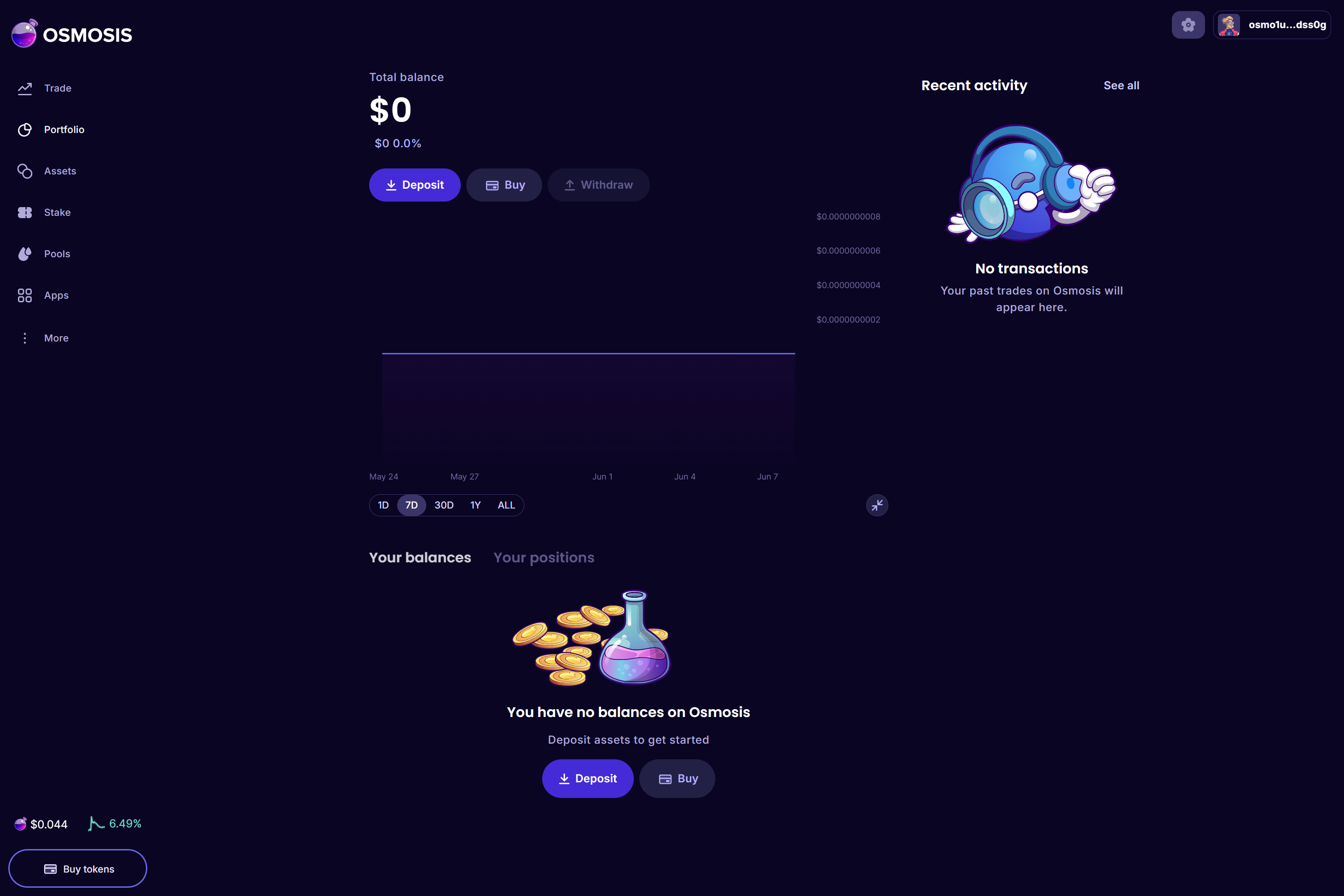 The Portfolio page with the deposit action