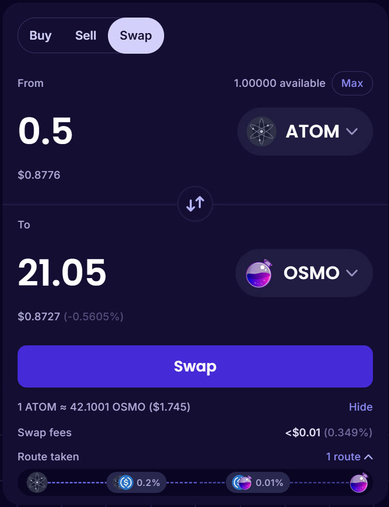 Setting up a swap on the Trade page